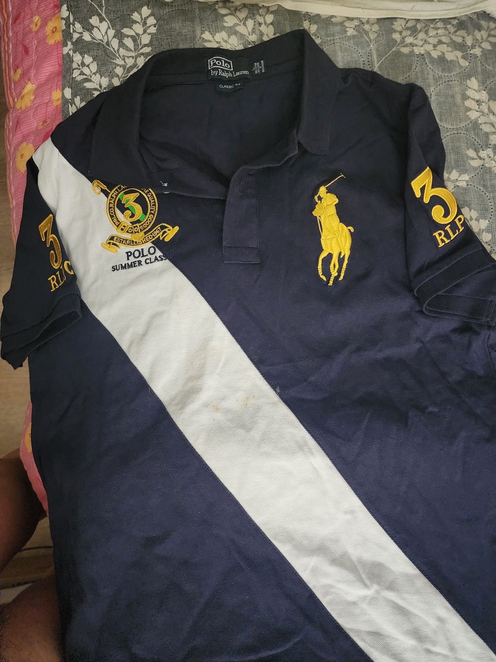 Ralph Lauren Navy Polo with White Diagonal Stripe and Yellow Embroidered Crest - Picture 7 of 7